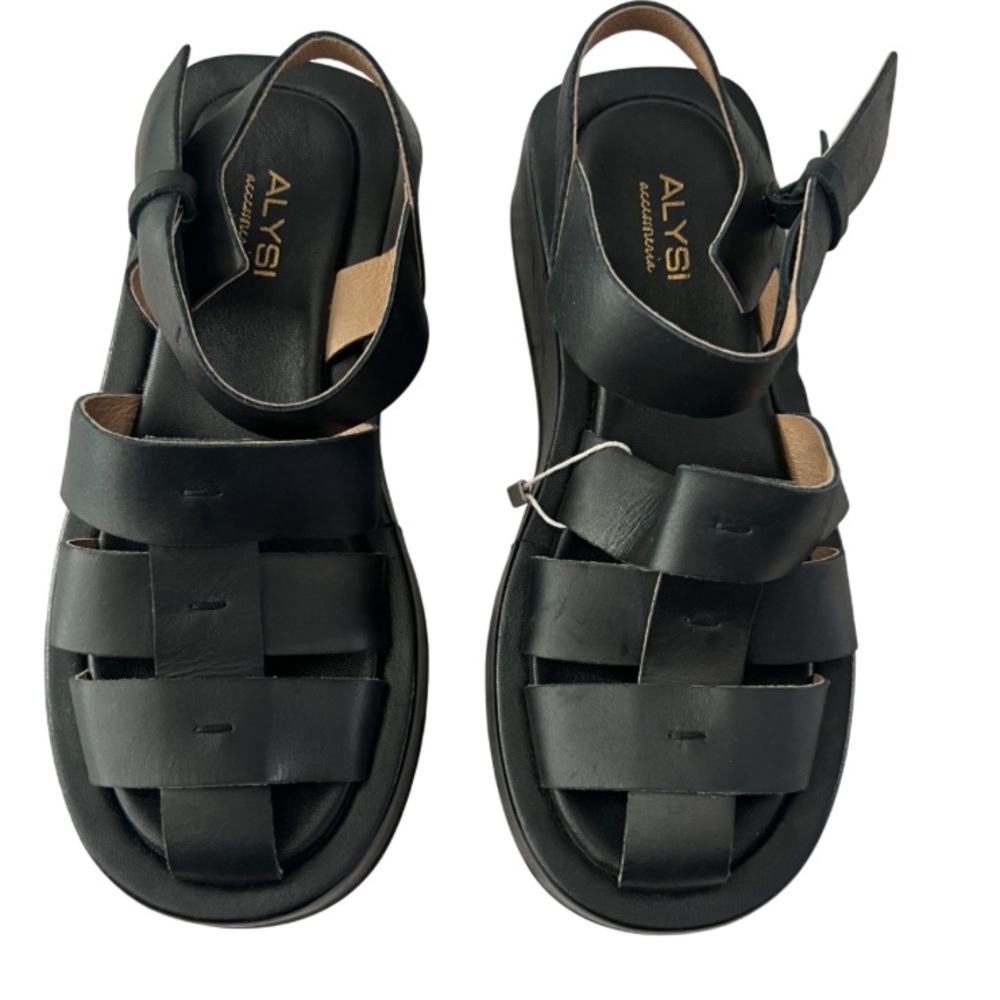 ALYSI Black Leather Strappy Platform Sandals Women's Shoe Size 39
